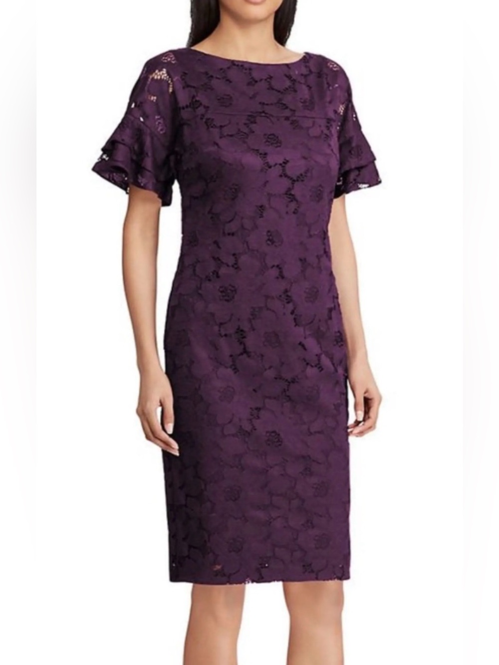Chaps Eggplant Purple Lace Overlay Dress Sz 16 NWT Flutter Sleeve Wedding Guest
